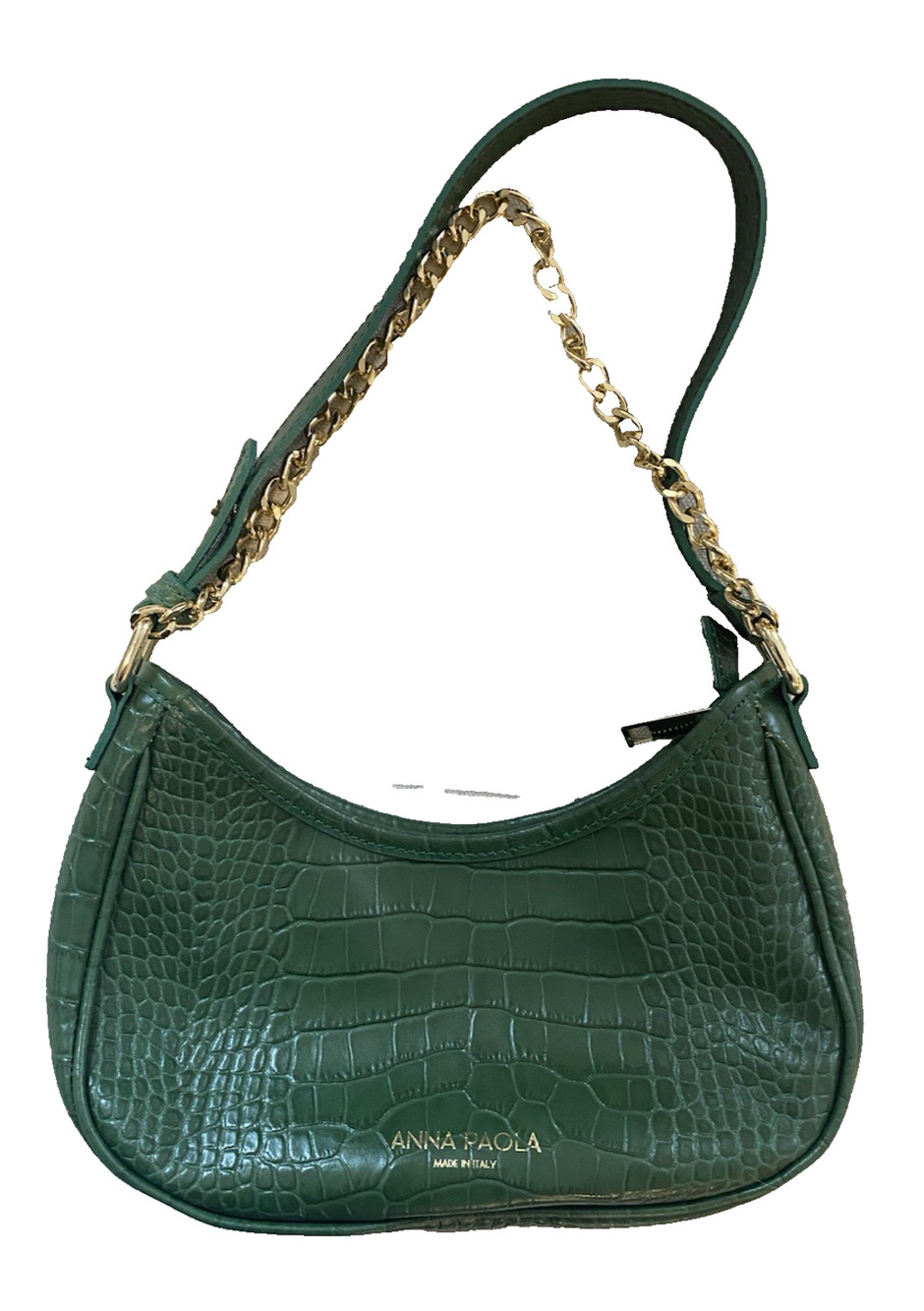 Anna Paola Womens HandBag Green Crocodile Leather Italian Purse Gold Chain Trim